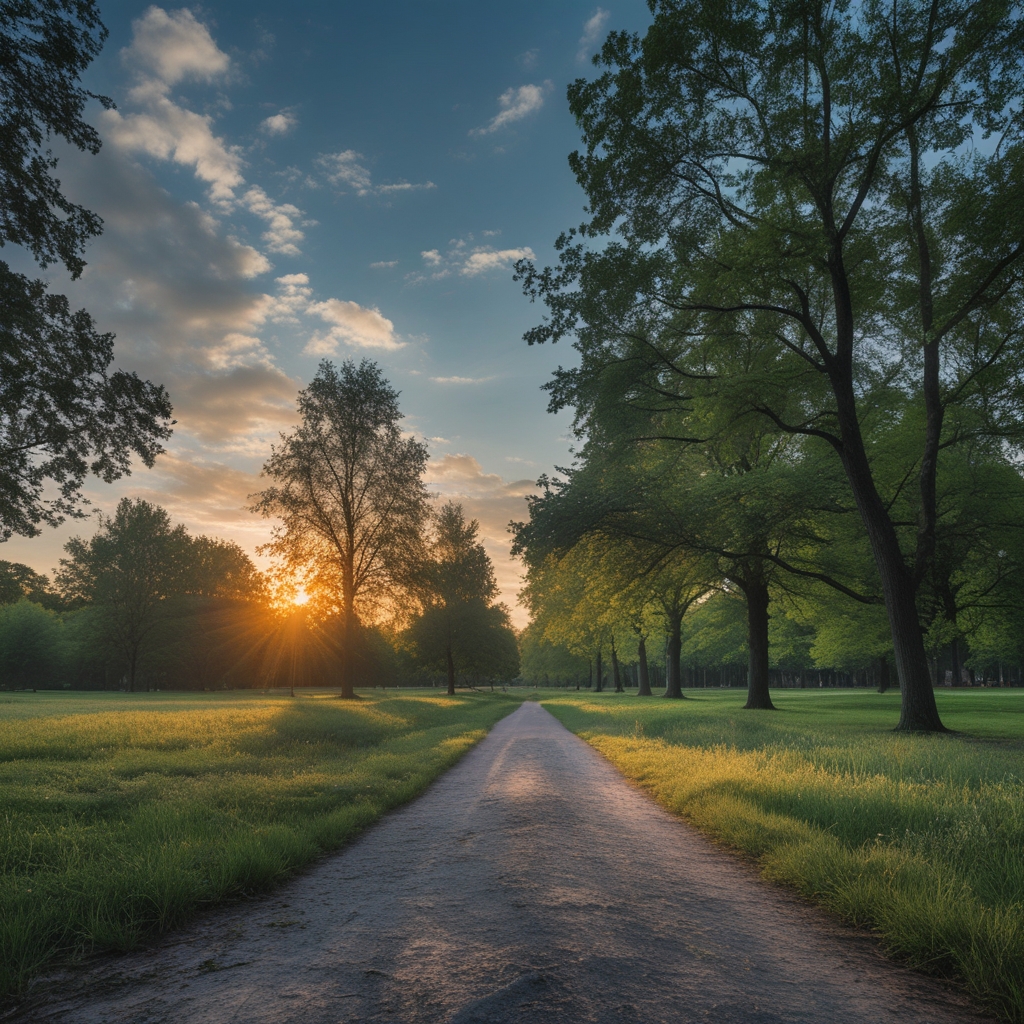 Spokojna ścieżka przez park z zielonymi drzewami i przefiltrowanym słonecznym światłem, naturalne otoczenie sprzyjające spokojnemu ruchowi i refleksji