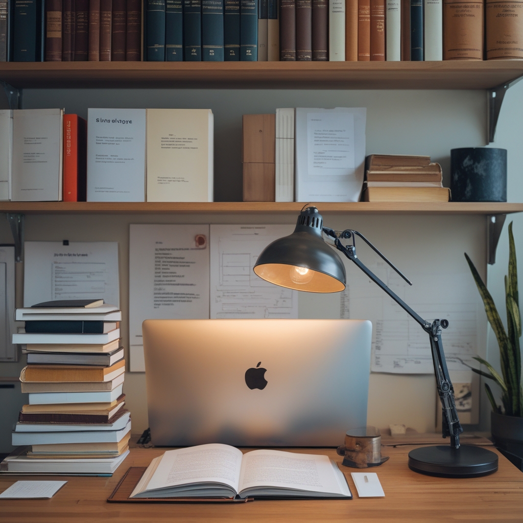 Otwarte książki naukowe i notatki na drewnianym biurku z lampą biurową, materiały do badań i dokumentacja w spokojnym akademickim otoczeniu, atmosfera analizy i wiedzy