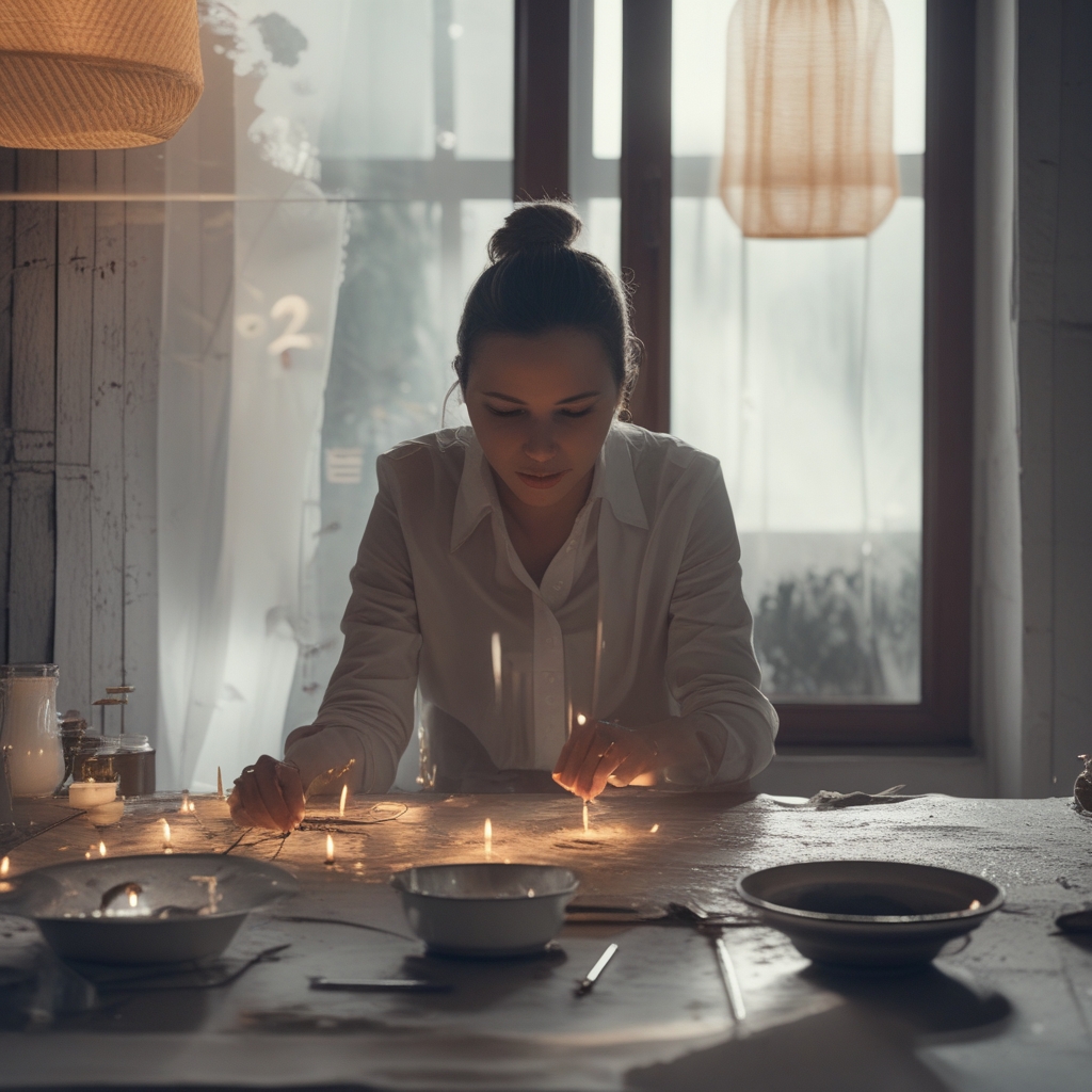 Osoba wykonująca delikatne ćwiczenia rozciągające w domowej przestrzeni, jasne minimalistyczne wnętrze z drewnianą podłogą i dużymi oknami